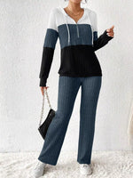 Color Block Half Zip Hooded Top and Pants Loungewear Set Dark Blue