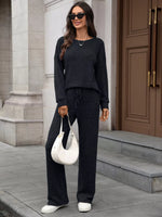 Ribbed Round Neck Top and Pants Two-piece Loungewear Set