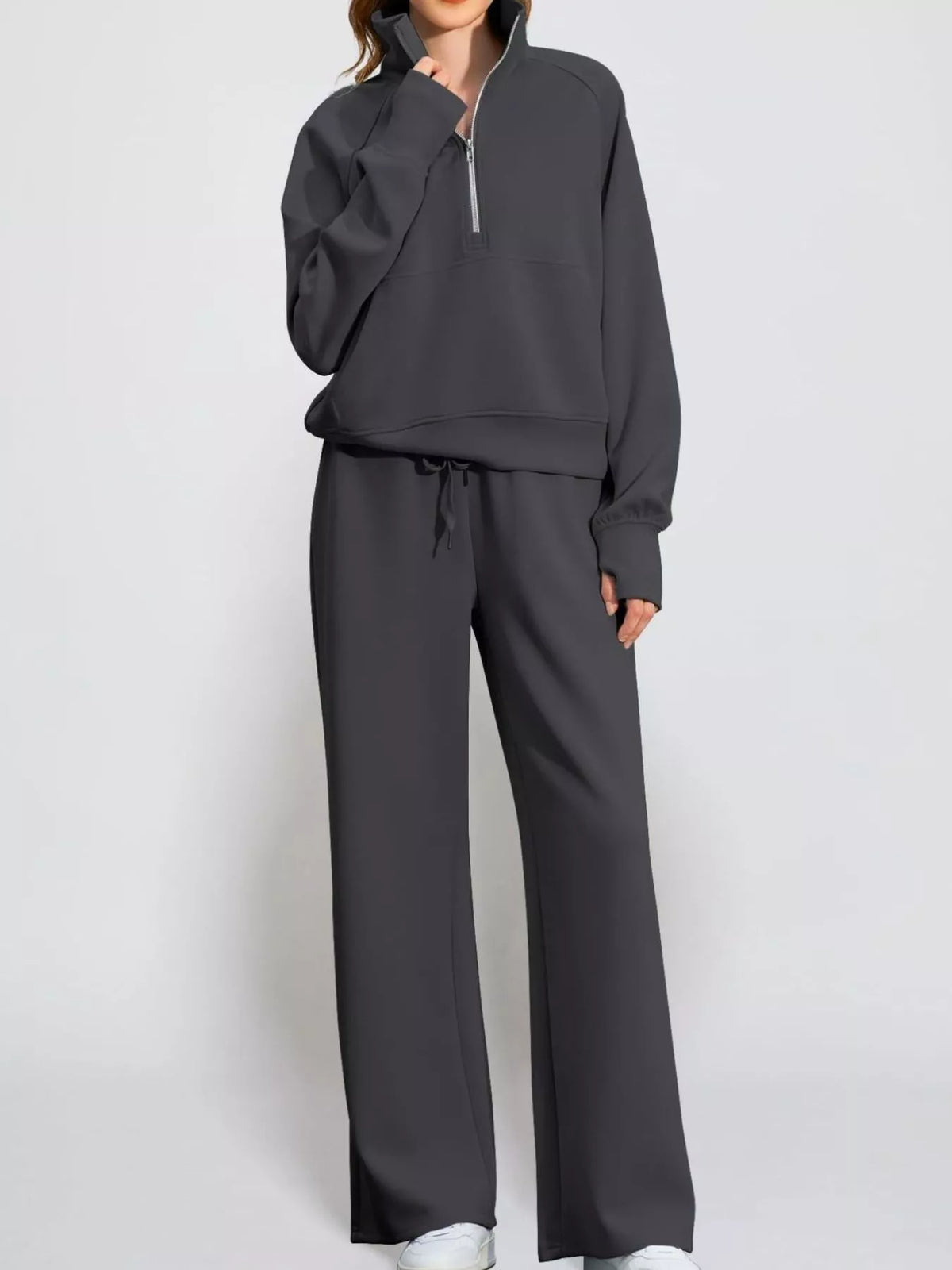 Half-Zip Sweatshirt and Wide-Leg Pants Two-piece Loungewear Set Dark Gray