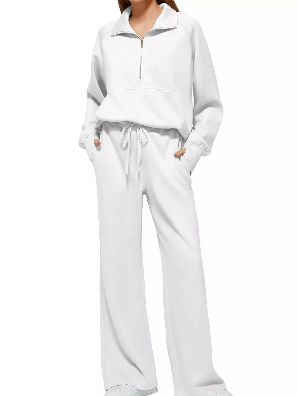 Half-Zip Sweatshirt and Wide-Leg Pants Two-piece Loungewear Set White