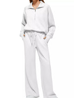 Half-Zip Sweatshirt and Wide-Leg Pants Two-piece Loungewear Set White