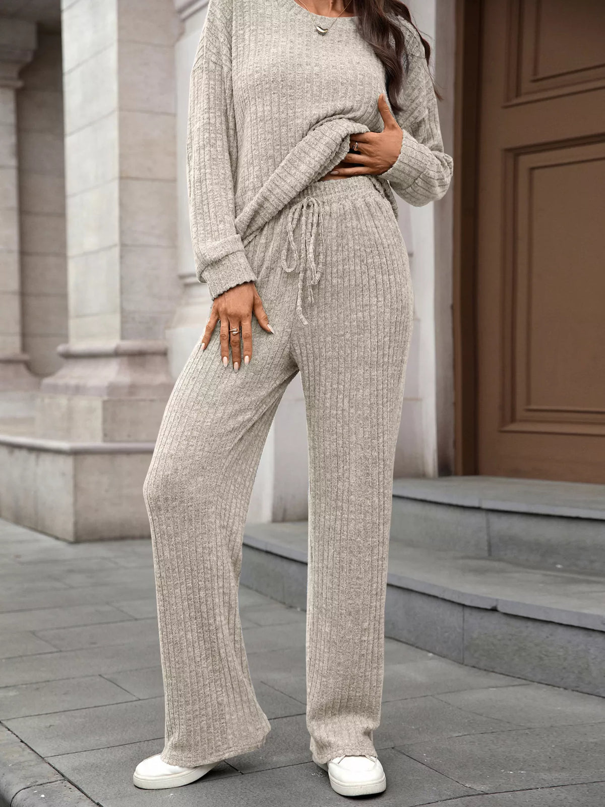 Ribbed Round Neck Top and Pants Two-piece Loungewear Set