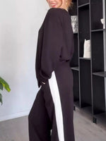 Full Size Contrast Round Neck Top and Pants Loungewear Set