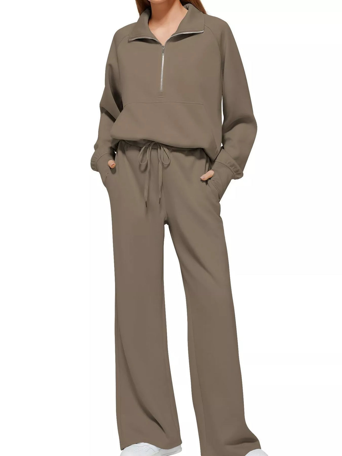 Half-Zip Sweatshirt and Wide-Leg Pants Two-piece Loungewear Set Khaki