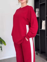 Full Size Contrast Round Neck Top and Pants Loungewear Set