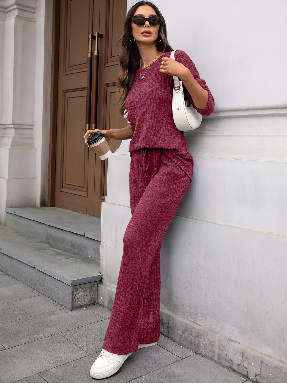Ribbed Round Neck Top and Pants Two-piece Loungewear Set