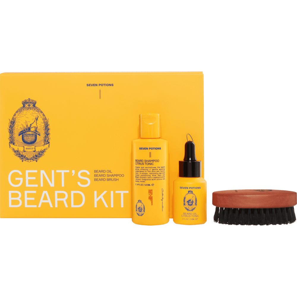 Seven Potions Beard Grooming Set - Beard Oil, Beard Shampoo, Beard Brush Citrus Tonic