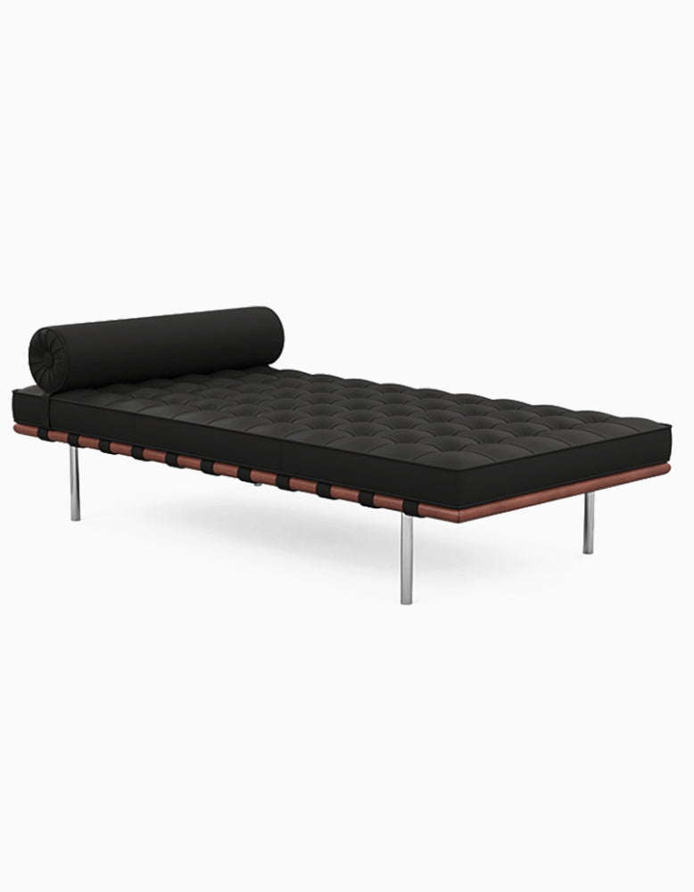 Barcelona Style Daybed, Black Leather, Wood Frame