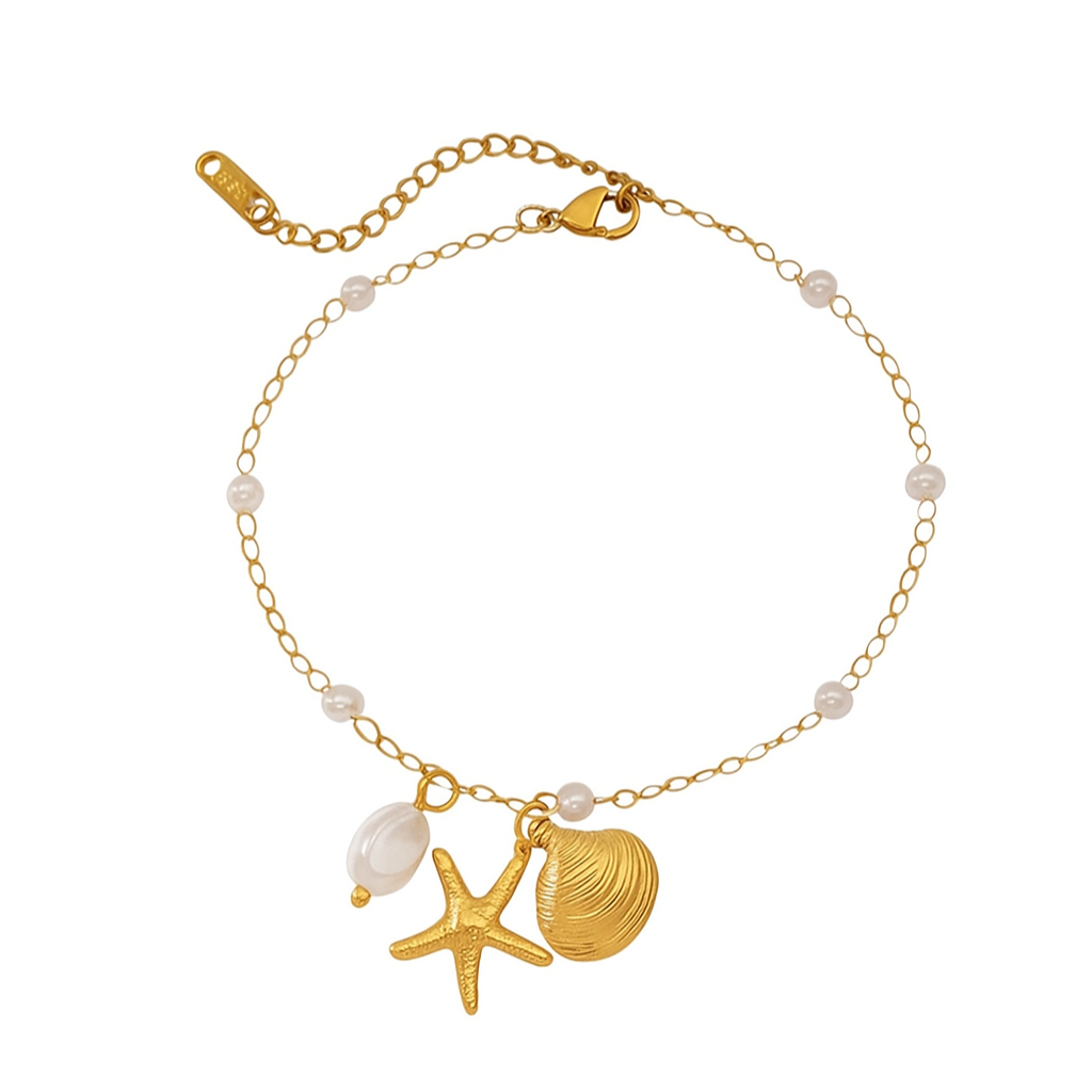 Ocean Luxe 18k Gold Plated Pearl Anklet with Starfish & Shell Charms