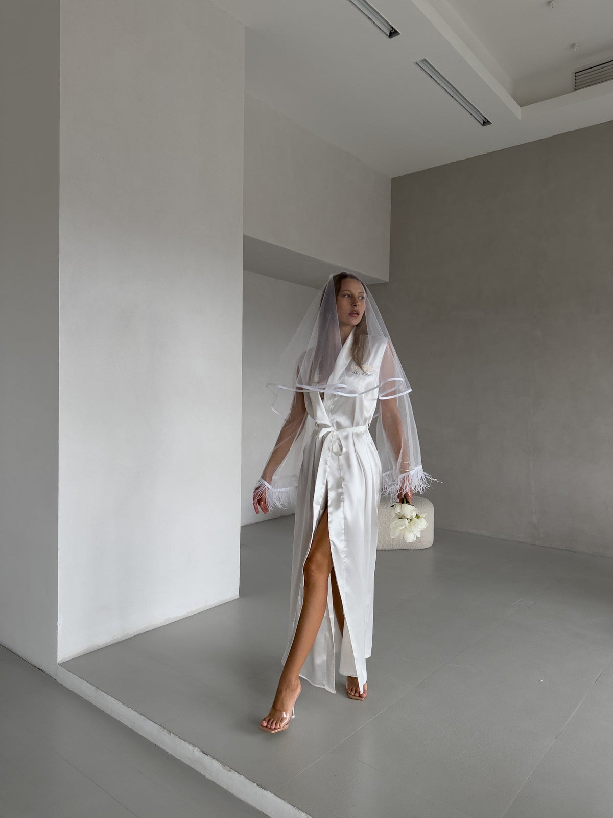 GODDESS Personalised White Satin Bridal Robe with Feather Trim L