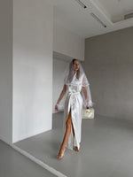 GODDESS Personalised White Satin Bridal Robe with Feather Trim L