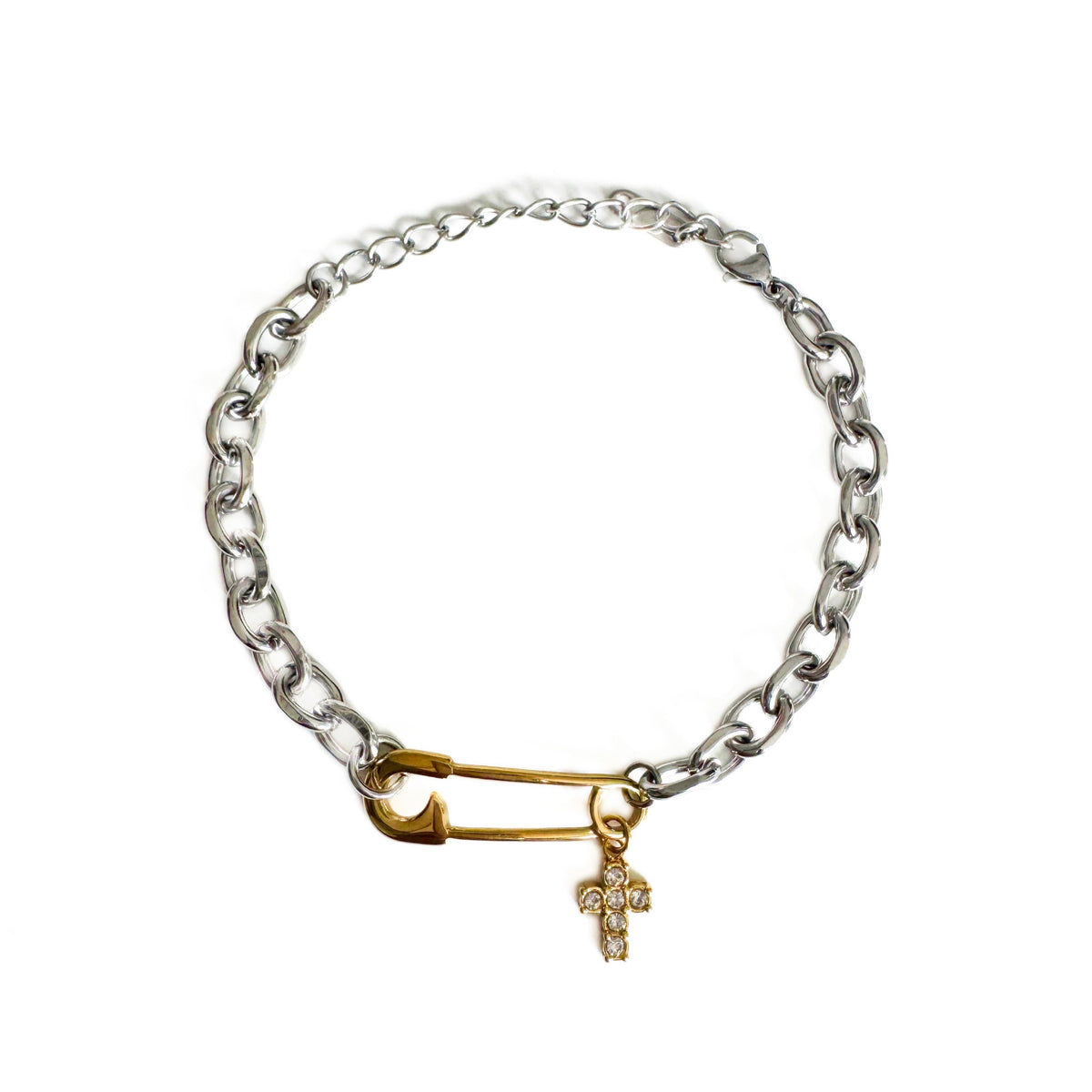 Roxy Bracelet Silver Chain with Gold Safety Pin and Crystal Cross Charm
