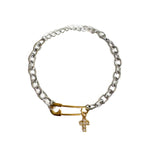 Roxy Bracelet Silver Chain with Gold Safety Pin and Crystal Cross Charm