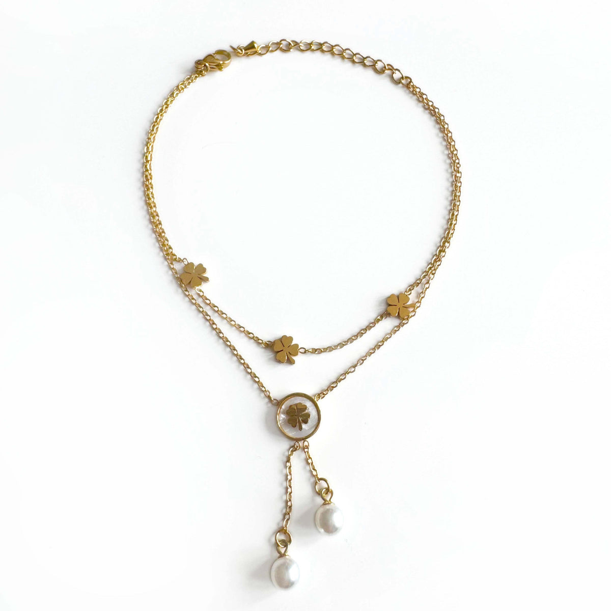 Aoife Layered Four Leaf Clover and Pearl Gold Anklet