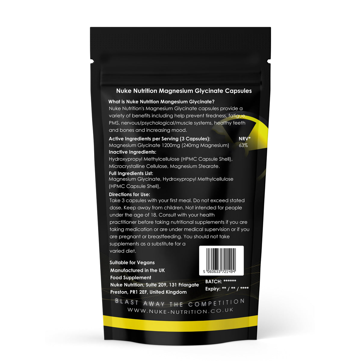 Magnesium Glycinate Capsules 1200mg Serving - Fibromyalgia,Tiredness, Fatigue, PMS, Healthy Bones