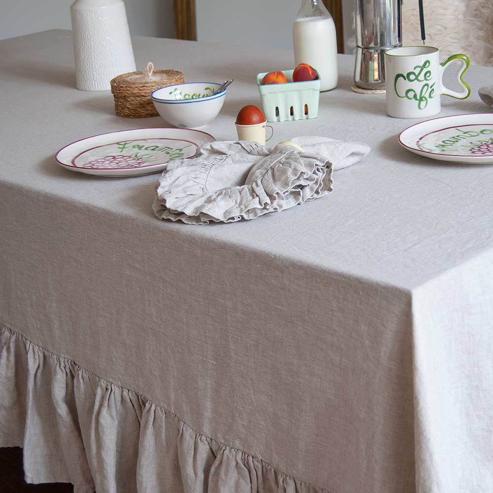 Mistral Drape Ruffled Linen Tablecloth: Brume Natural