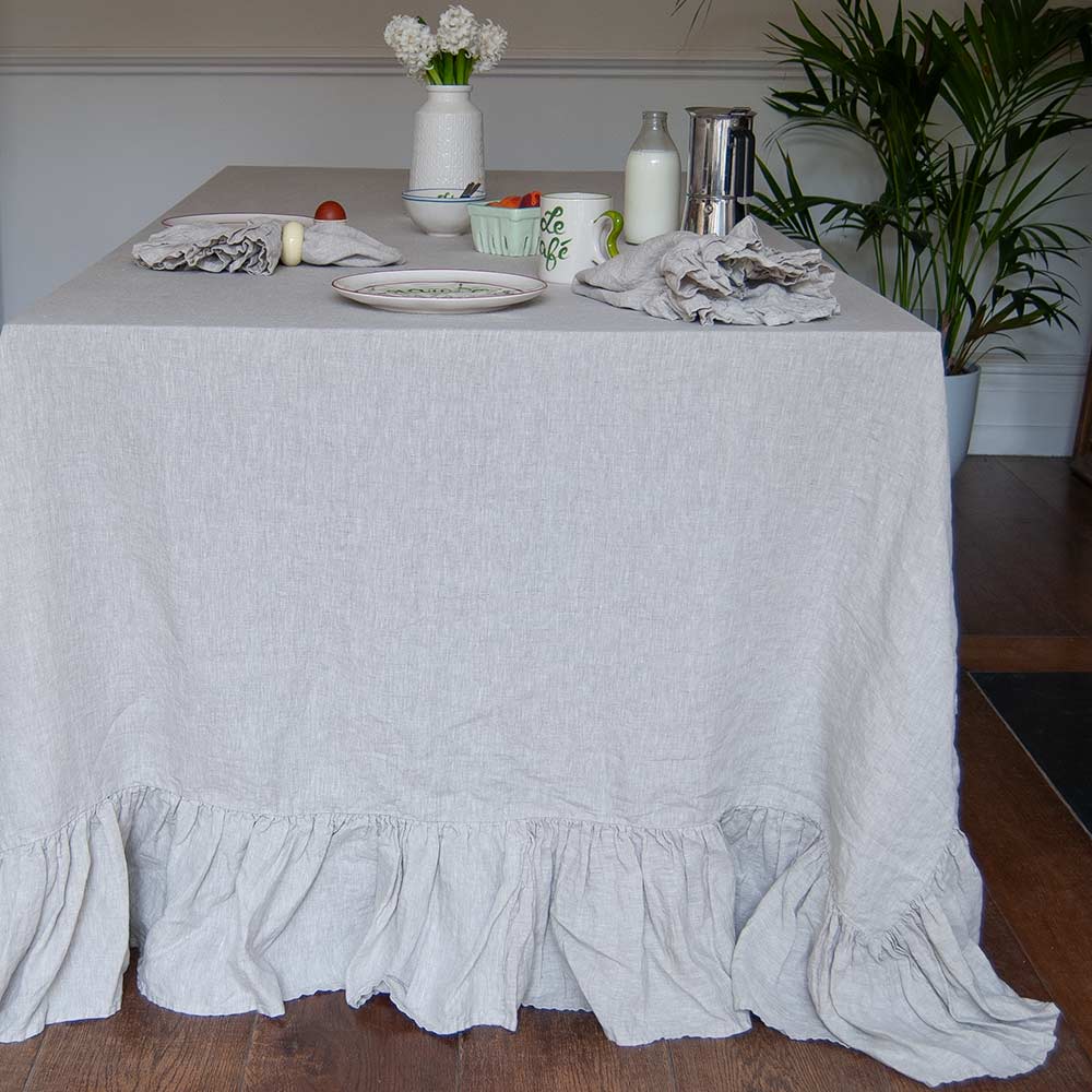 Mistral Drape Ruffled Linen Tablecloth: Brume Natural