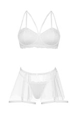 Beauty Night Peony Lace Underwire Tulle Semi-Sheer Garter Lingerie Set White