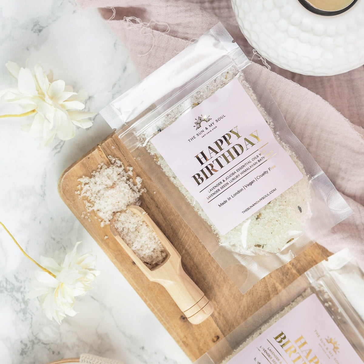 Happy Birthday Luxury Himalayan Bath Salts with Lavender, Jojoba Essential Oils with Lavender Seeds 100g