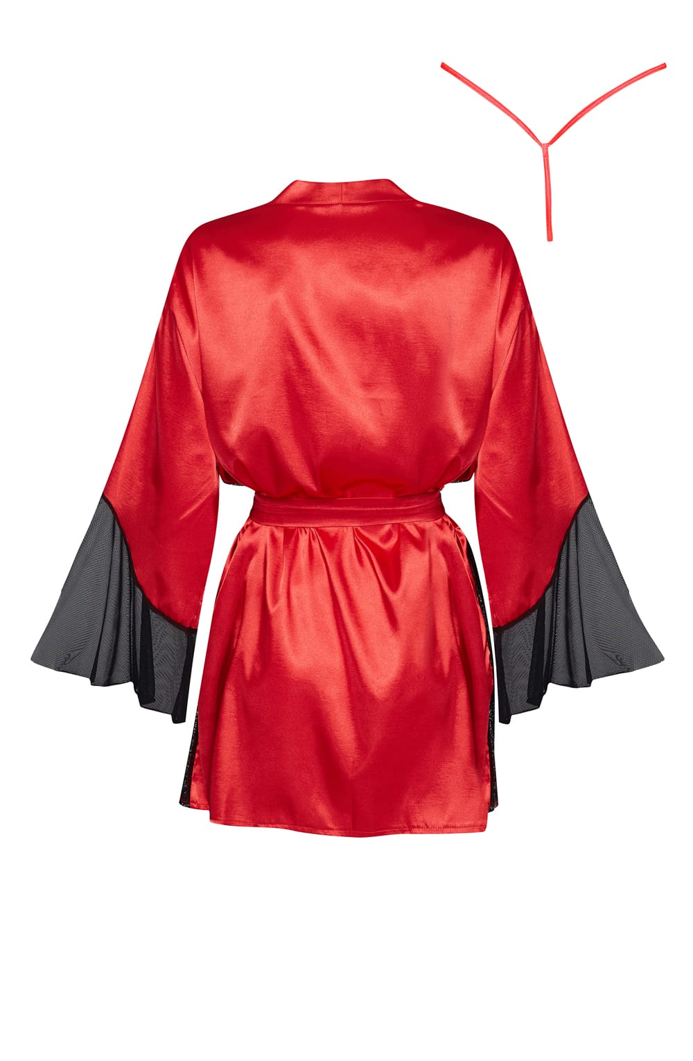 Beauty Night Sara Satin Black Lace Mesh Flared Sleeve Peignoir Red