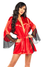 Beauty Night Sara Satin Black Lace Mesh Flared Sleeve Peignoir Red