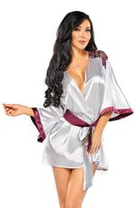 Beauty Night Summer Satin Burgundy Accent Lace Wide Sleeve Peignoir Silver