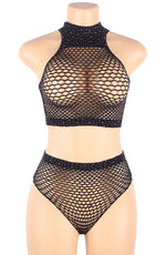YesX Fishnet Halter Neck Lingerie Set Black