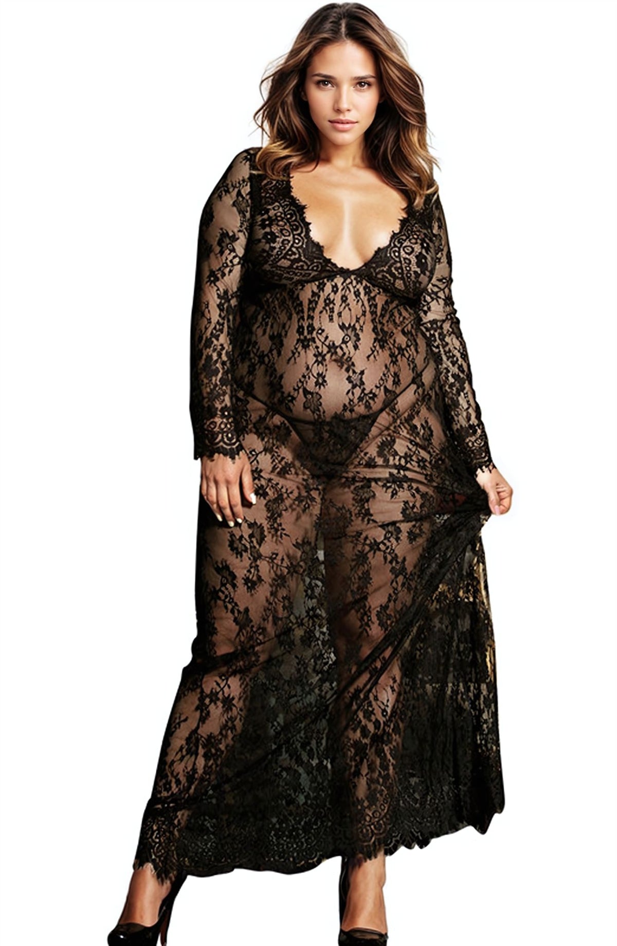 YesX Plus Size Long Gown & Thong Black