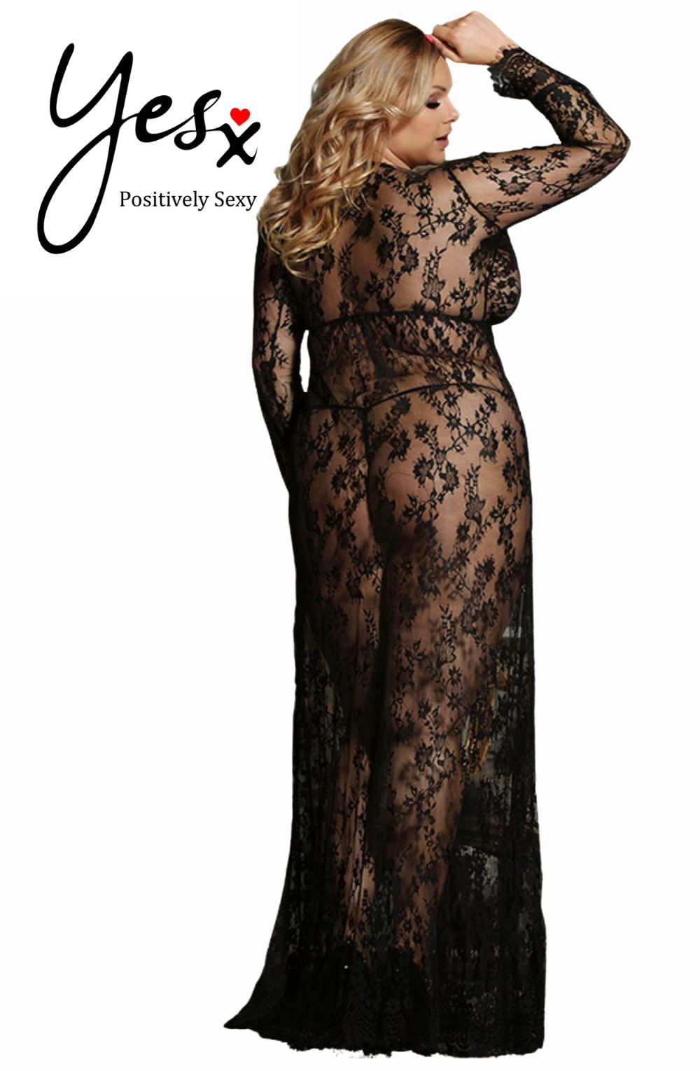 YesX Plus Size Long Gown & Thong Black