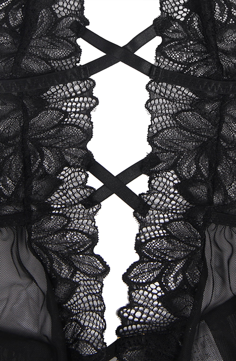 YesX Open Front Deep V Lace Tulle Teddy Black