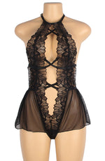 YesX Open Front Deep V Lace Tulle Teddy Black