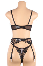 YesX Embroidered Lace 3 Piece Lingerie Set Black