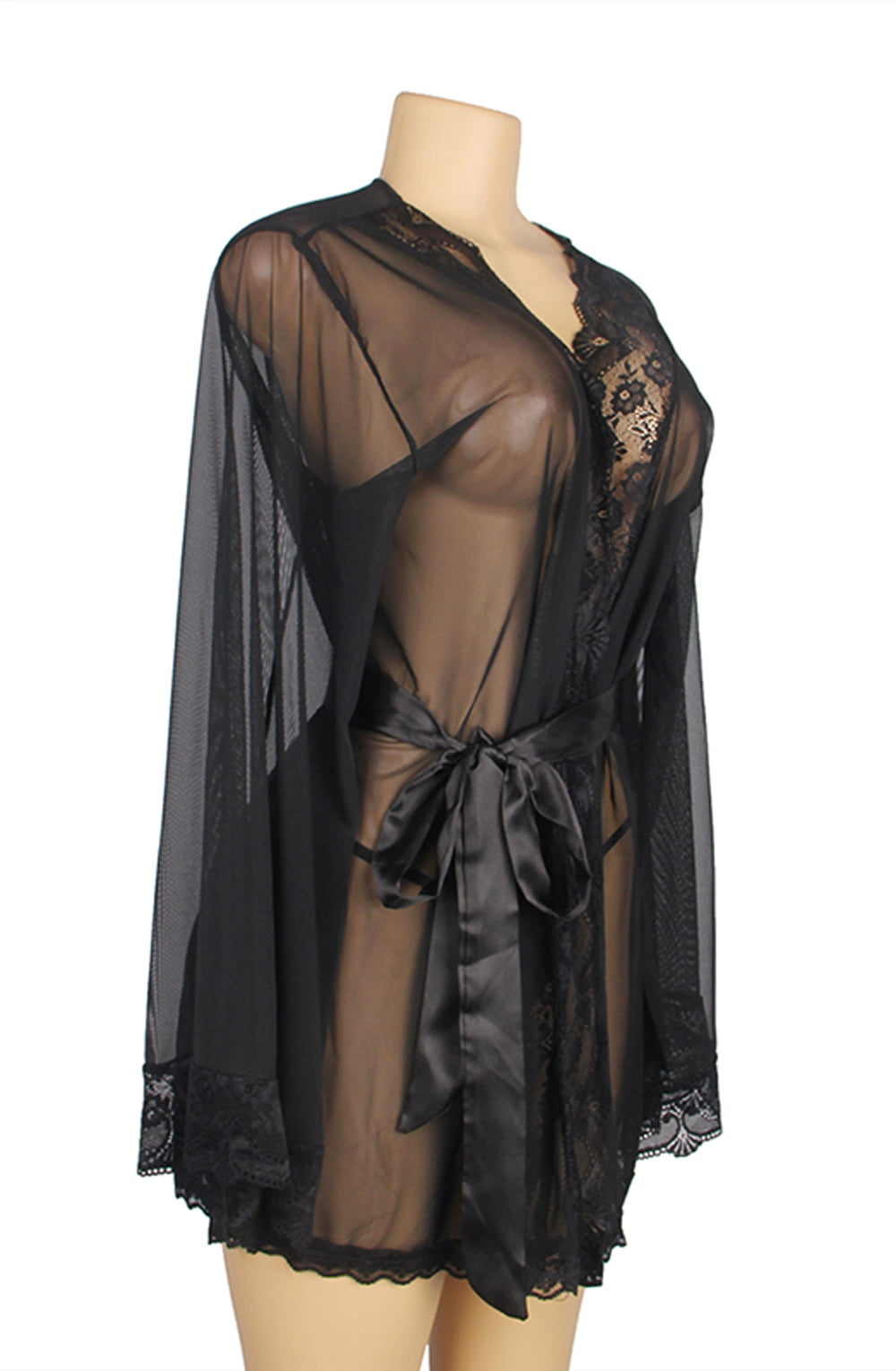 YesX Lace Edge Sheer Dressing Gown Black