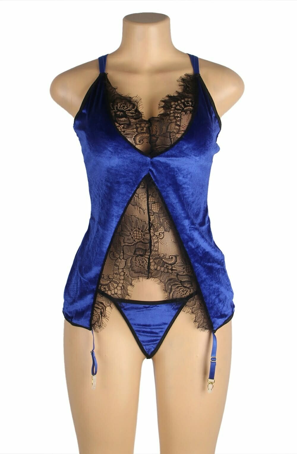 YesX Gartered Black Lace Babydoll Thong Set Blue
