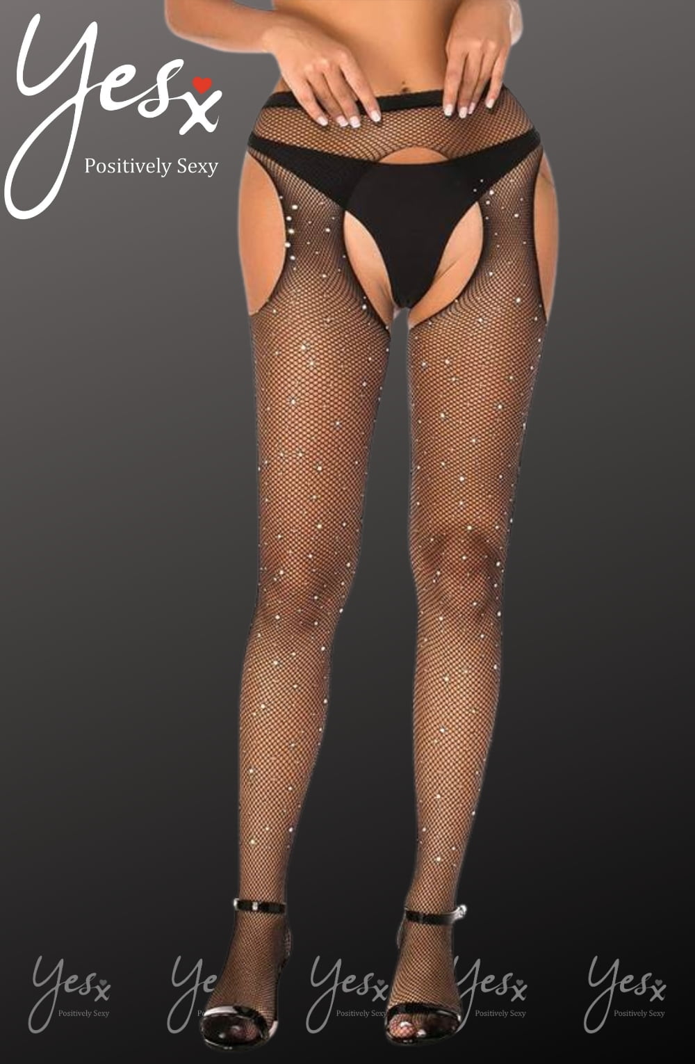 YesX Sparkly Fishnet Crotchless Tights Black