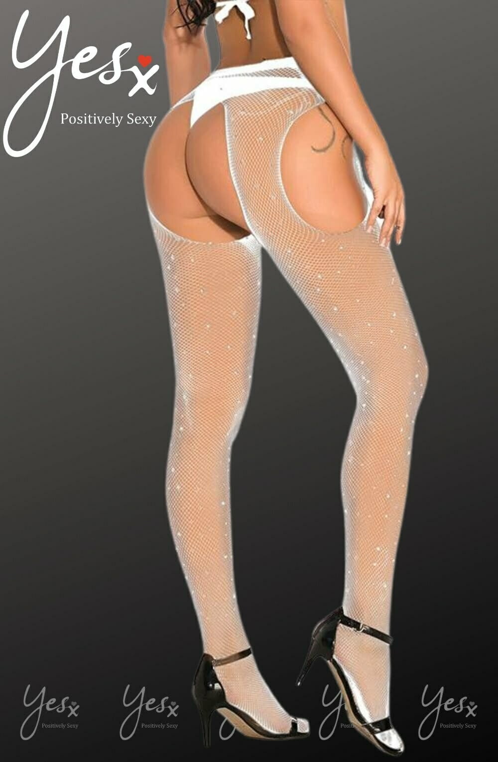 YesX Sparkly Fishnet Crotchless Tights White