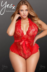 YesX Plus Size Mesh Lace & Bow Hot Red Teddy