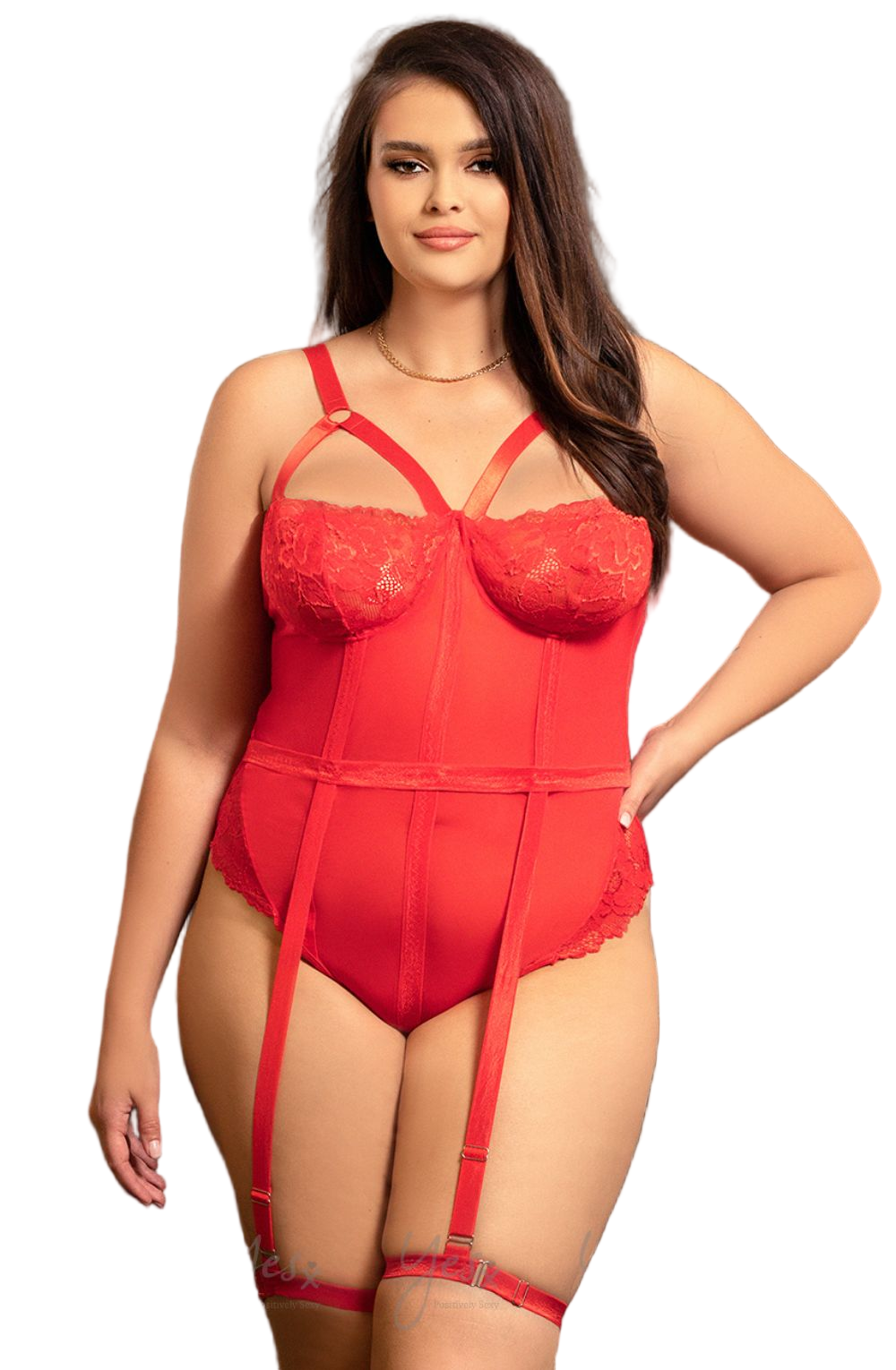 YesX Plus Size Red Lace Bodysuit with Suspenders & Leg Straps