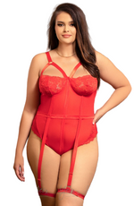 YesX Plus Size Red Lace Bodysuit with Suspenders & Leg Straps
