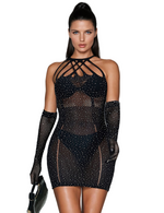 YesX Halter Neckline Sparkle Rhinestone Fishnet Erotic Sheer Dress Black