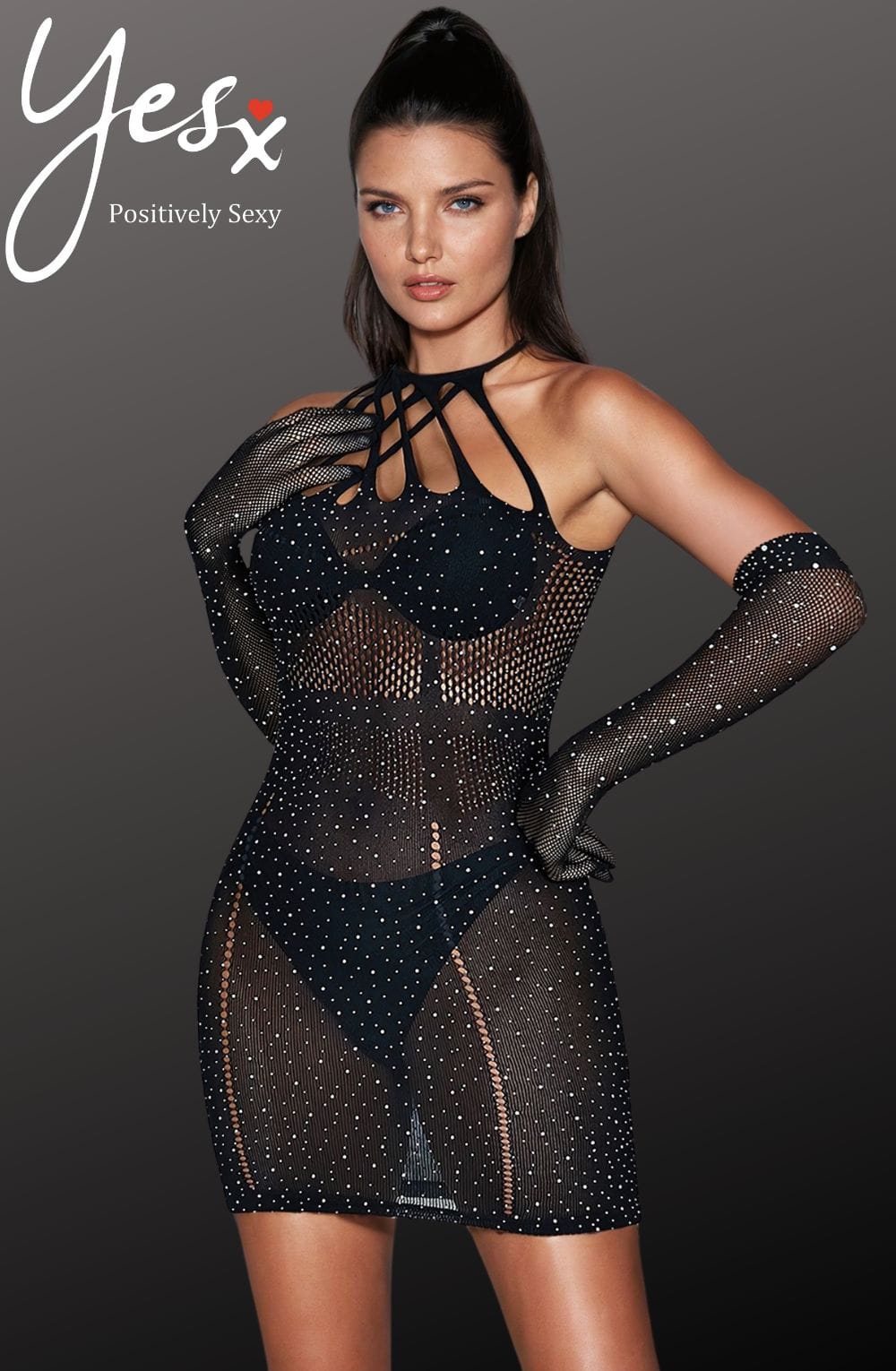 YesX Halter Neckline Sparkle Rhinestone Fishnet Erotic Sheer Dress Black