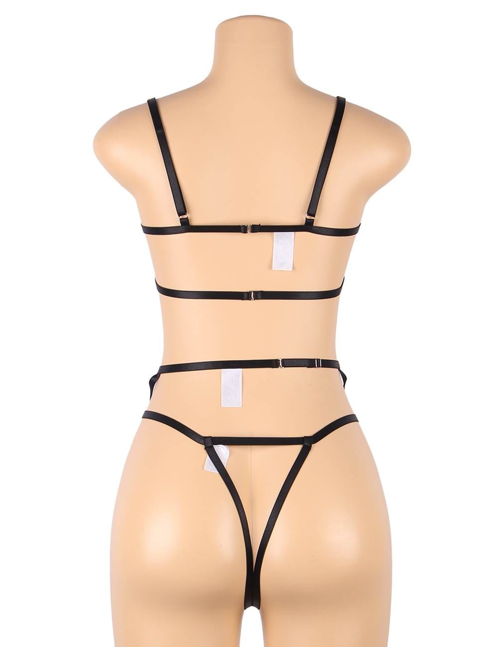 YesX Embroidered Strappy Cut Out 3 Piece Bra, Thong & Garter Lingerie Set