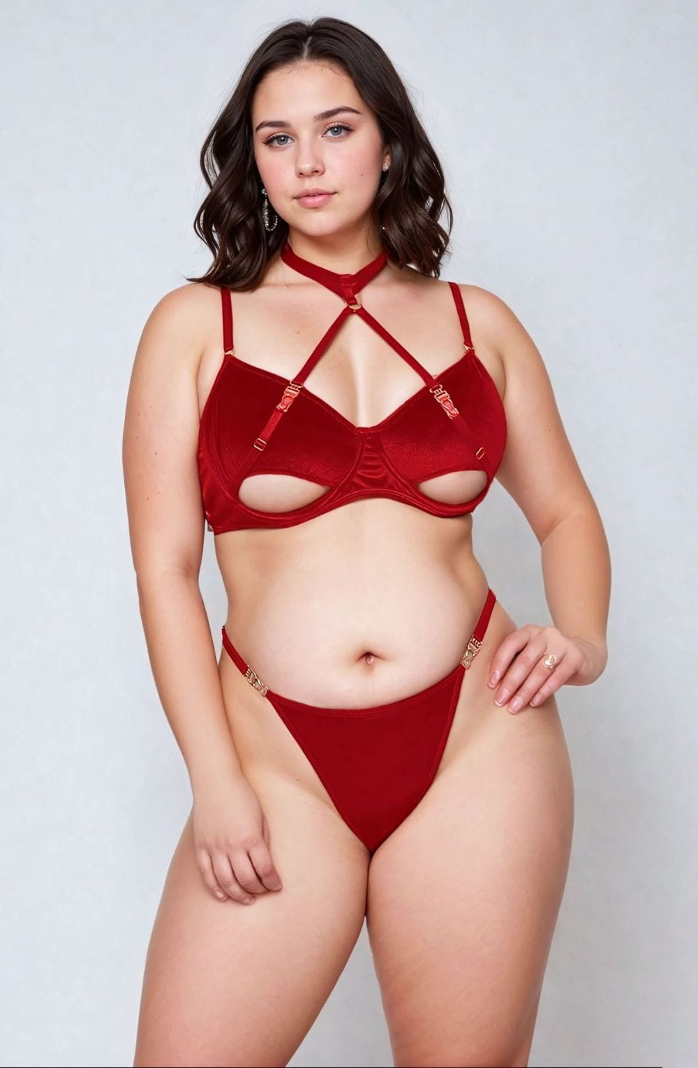 YesX Plus Size Hollow Cut Halter Bra Lingerie Set Up To 2XL Red