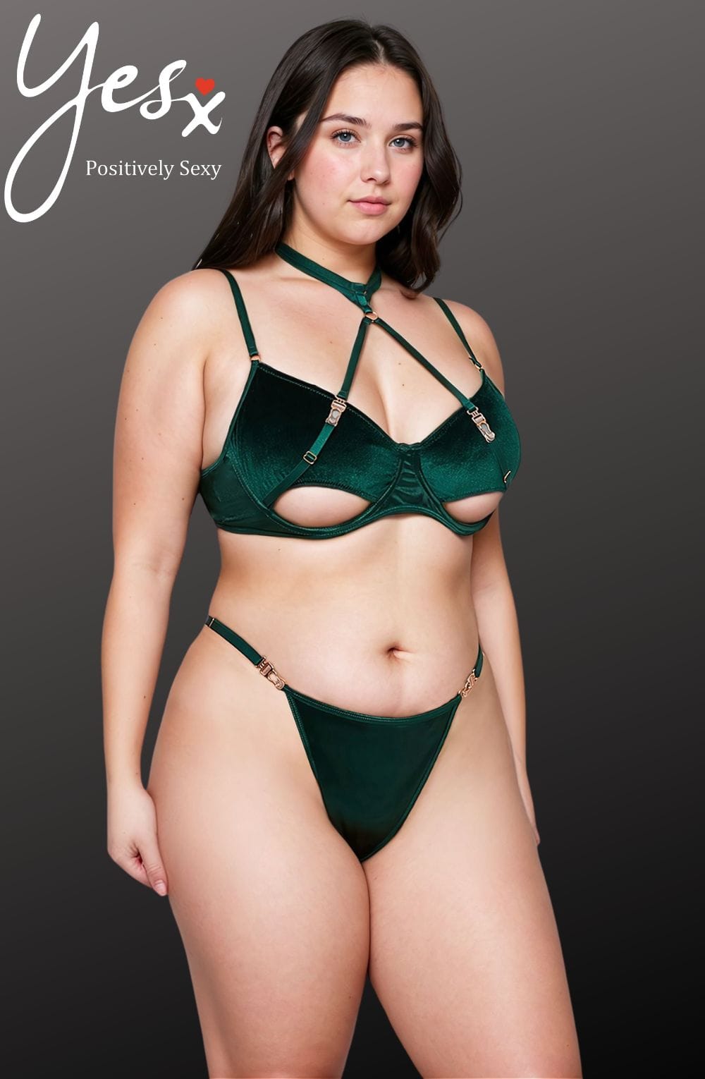 YesX Plus Size Hollow Cut Halter Bra Lingerie Set Green