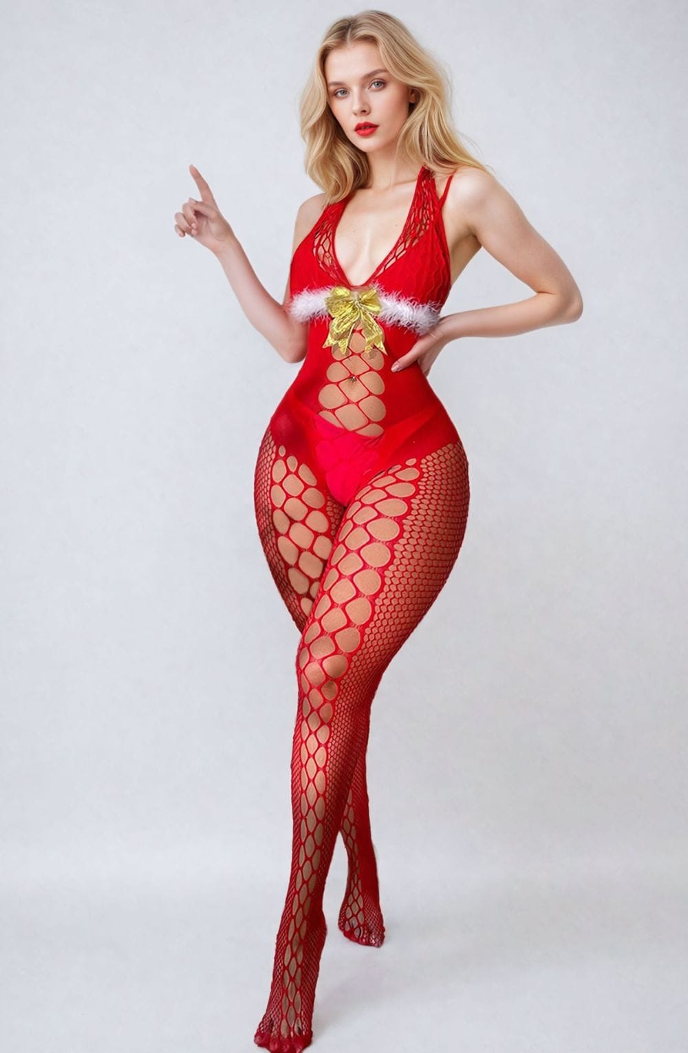 YesX Christmas Fluffy Bodystocking One Size Red