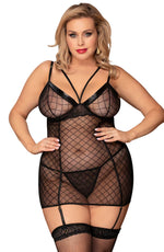 YesX Plus Size Black Wet Look & Lace Fishnet Chemise