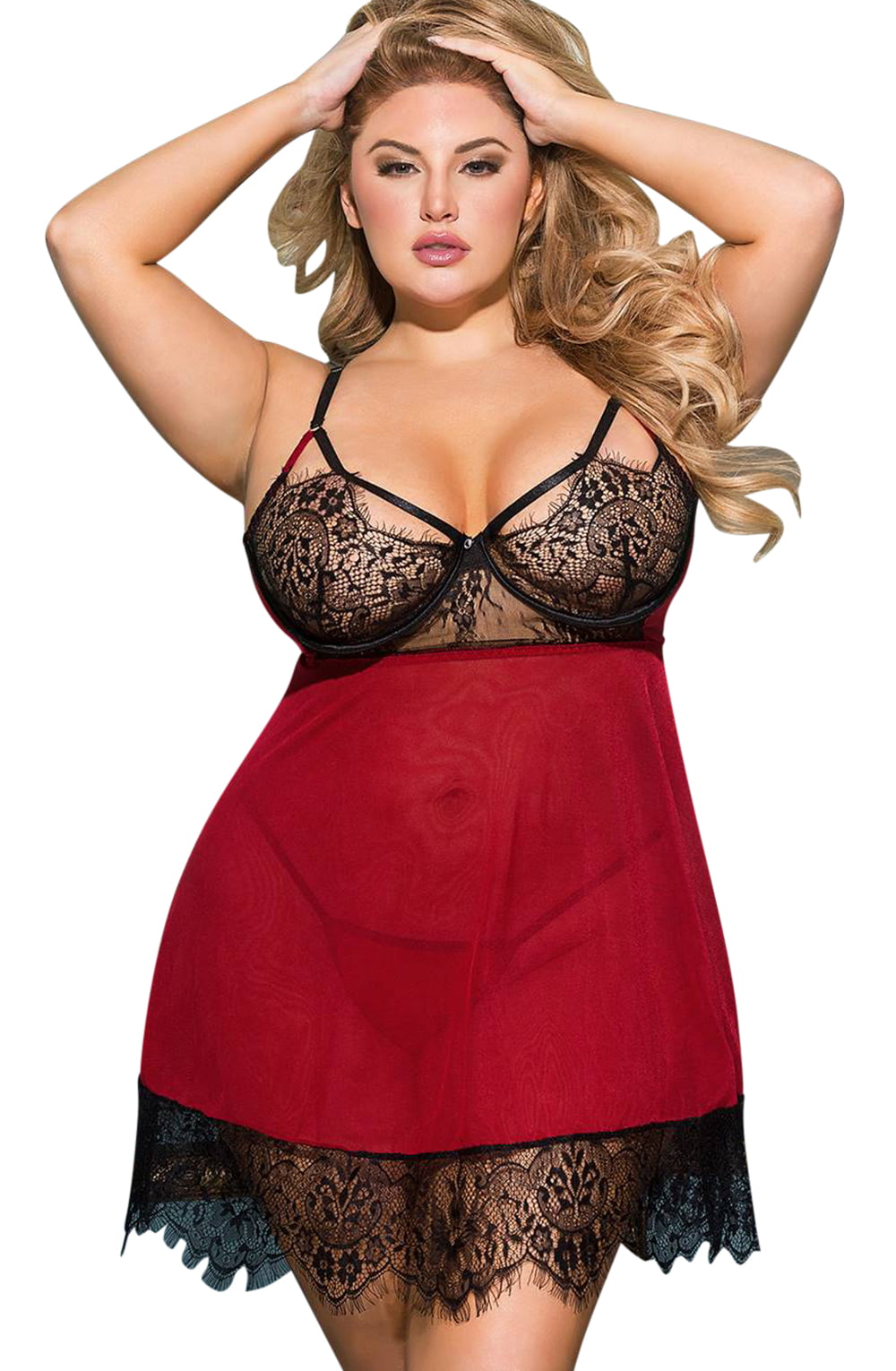 YesX Black Lace Bust Red Babydoll Plus Size Lingerie Set