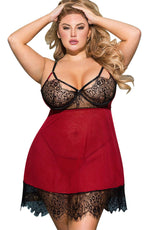 YesX Black Lace Bust Red Babydoll Plus Size Lingerie Set