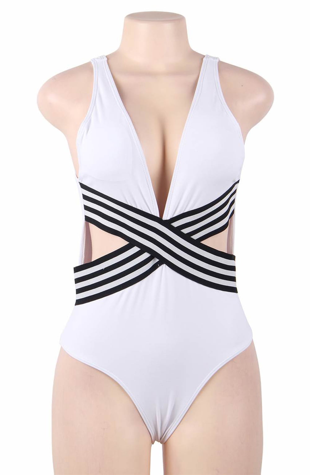 YesX One Piece Cut Out Swimsuit White & Black Detail