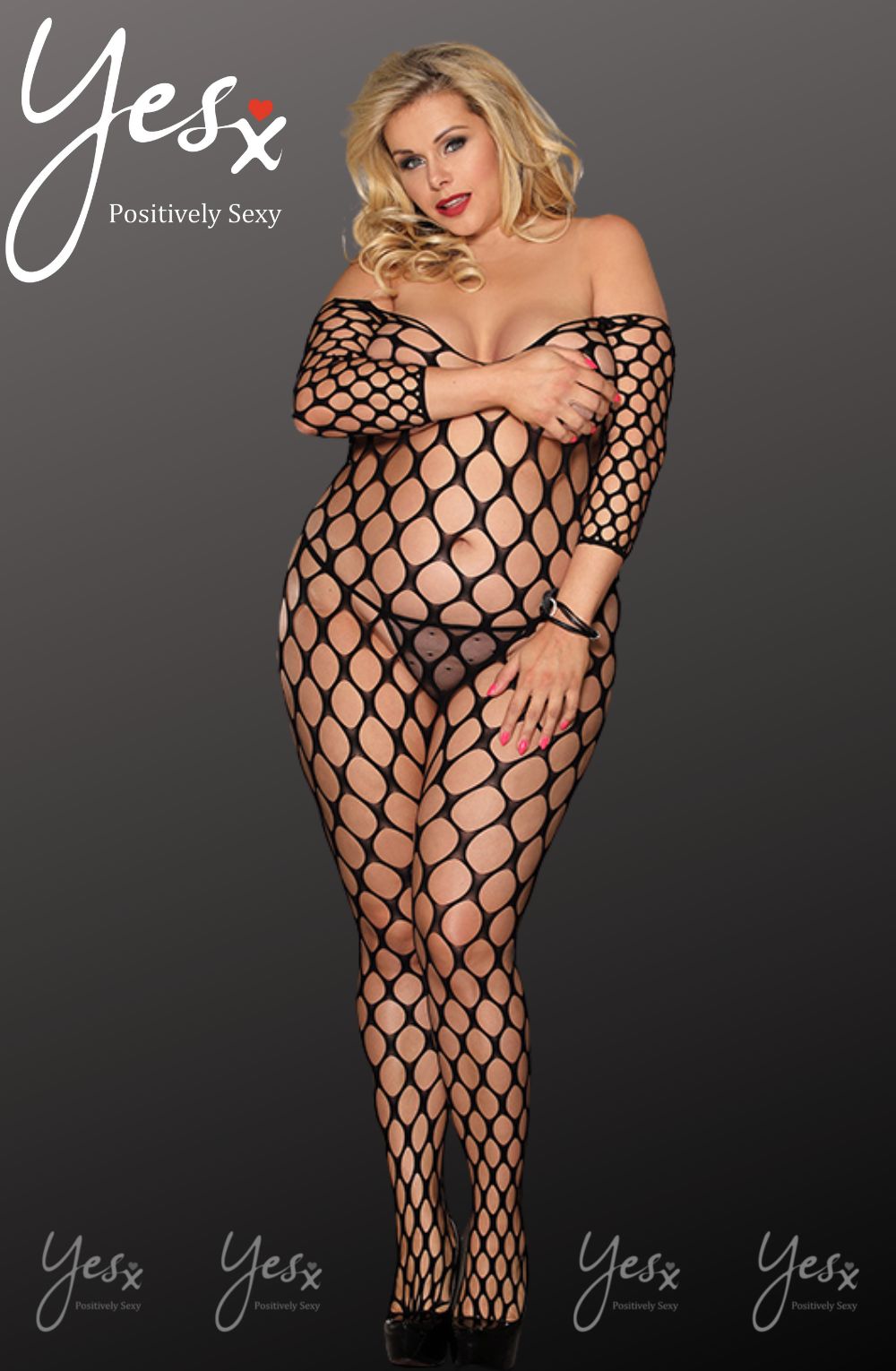 YesX Fishnet Three Quarter Sleeve Full Bodystocking One Size (Plus) Black